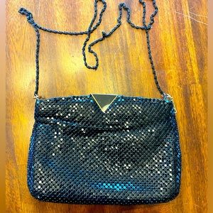 Metallic black mesh rhinestone evening shoulder bag with chain zipper cl…